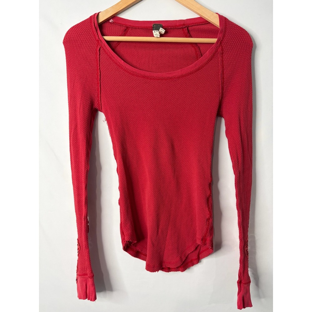 We The Free People Waffle Knit Crochet Lace Cuff Thermal Top XS Y2K Boho 90s